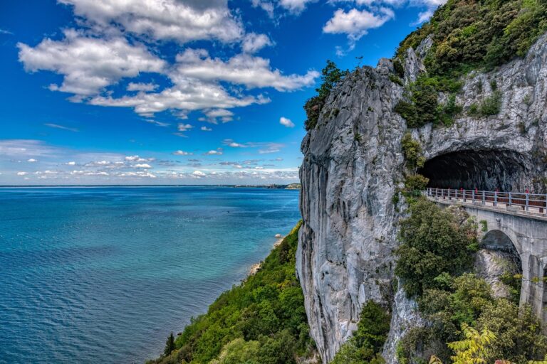 Vista panoramica della grotta gigante di Trieste, con la sua vasta sala turistica e stalattiti imponenti.
